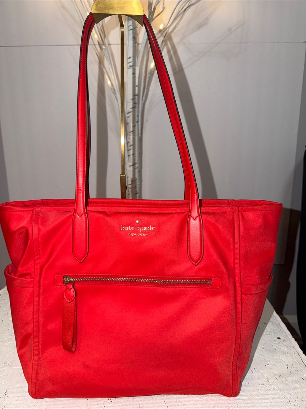 Kate Spade EUC red/orange tote shld bag side, front & bac pockets double top zip